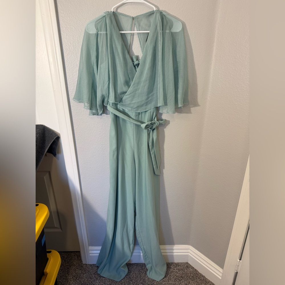 Zara Women's Jumpsuit in Light Green with flutter sleeves